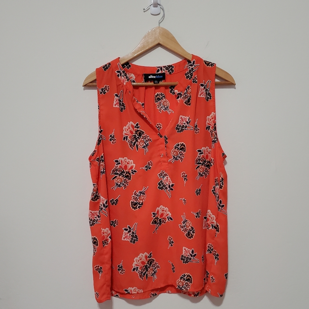 Alice Blue Floral Print Orange Tank-top Summer Blouse Size XXL